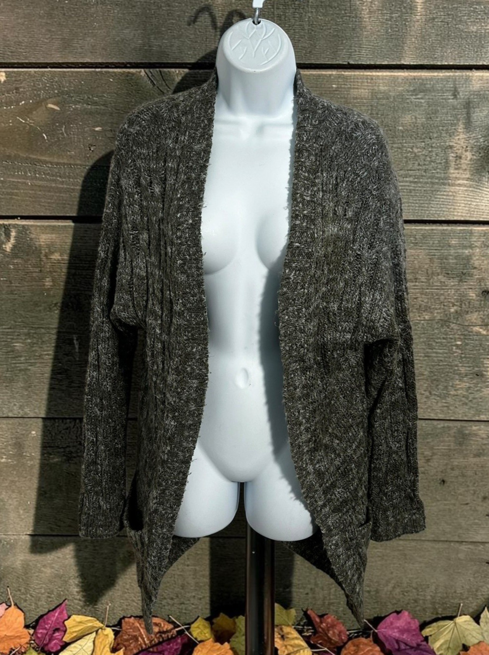 Garage Cardigan Sweater Sz XS Gray Chunky Open Long Pockets Wool Blend